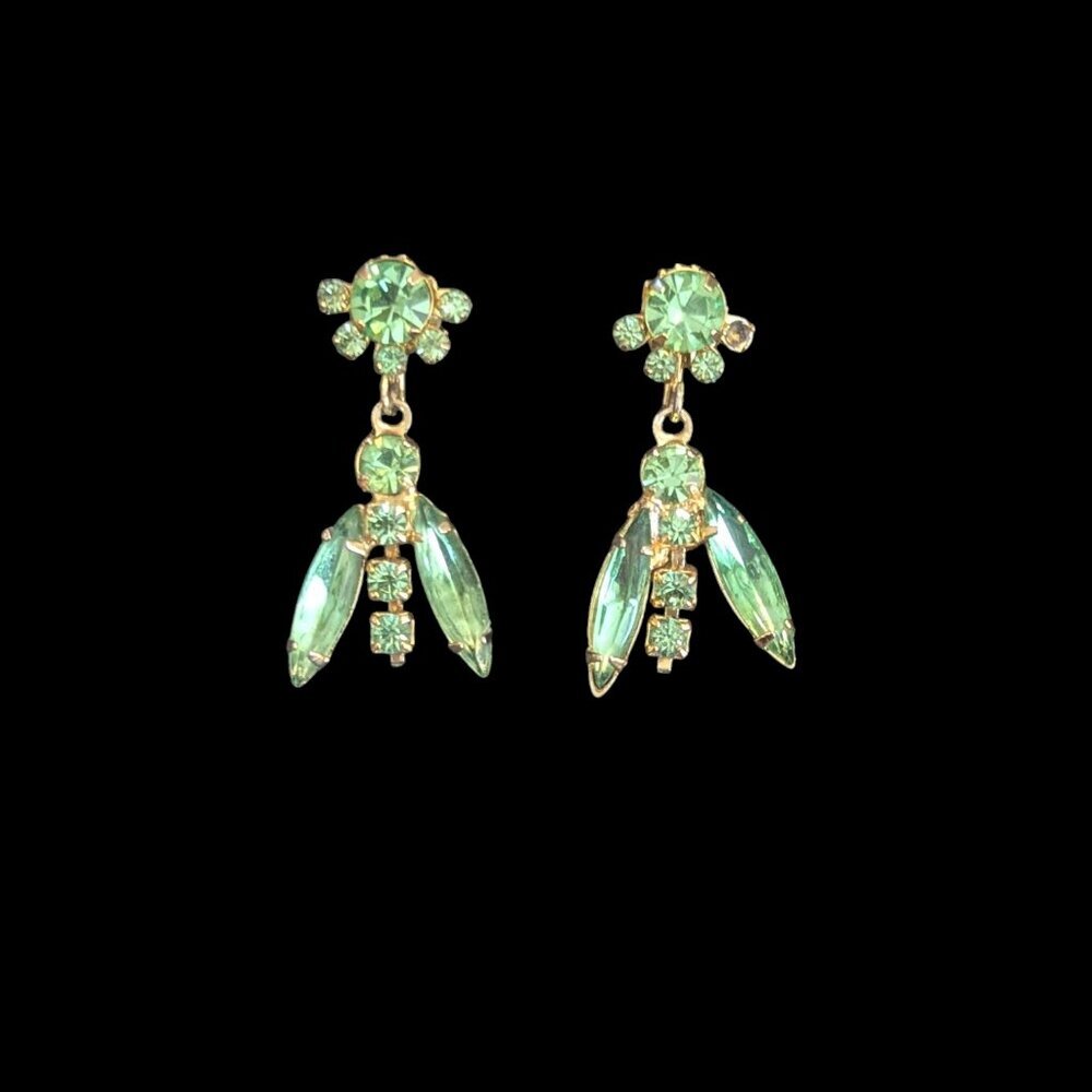 Vintage Crystal Chandelier Earrings Rhinestone Art Deco Art Nouveau Green